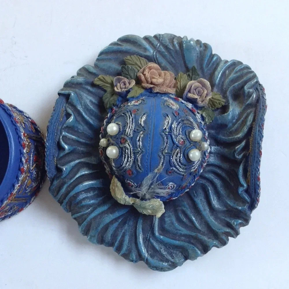 Trinket Box Hat Adorned Pearl Floral Feather Jewelry Box Home Decor Blue